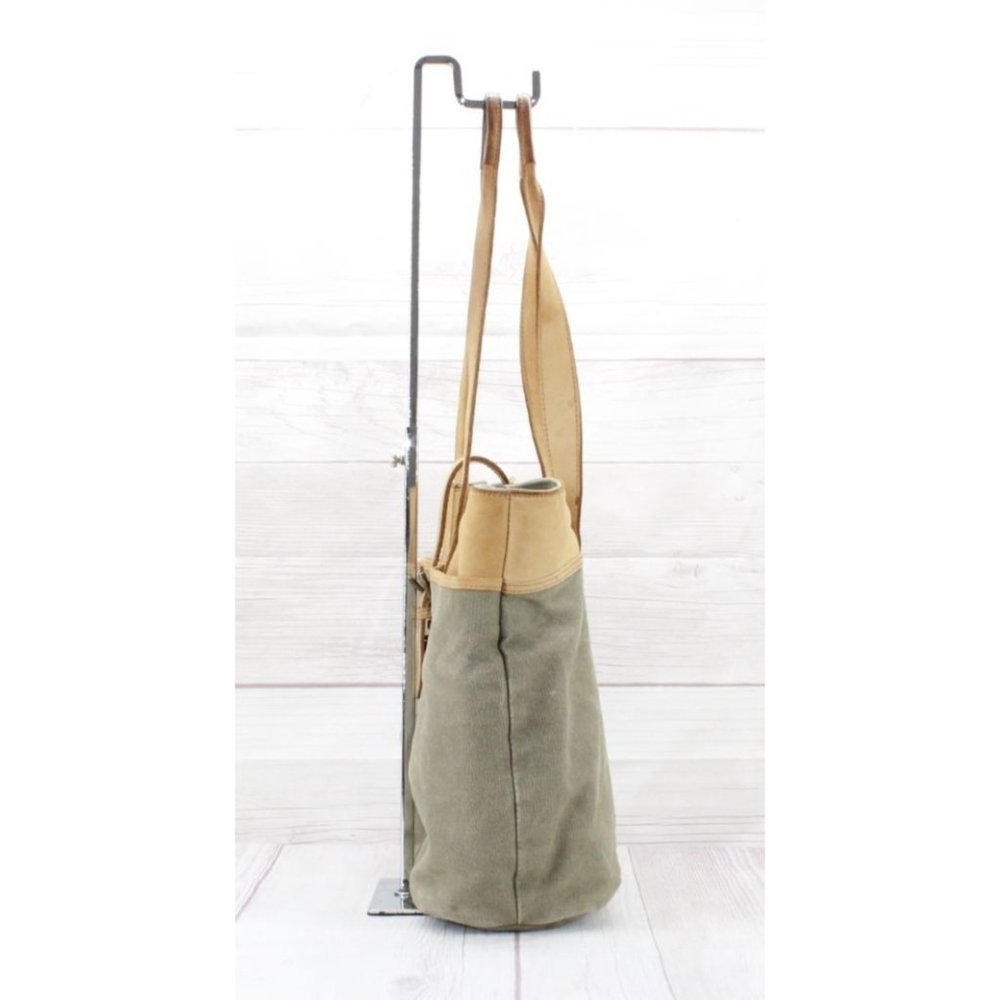 Vintage LL Bean Green Tan Cotton Colorblock Buckle Shoulder Tote Bag - Picture 5 of 10